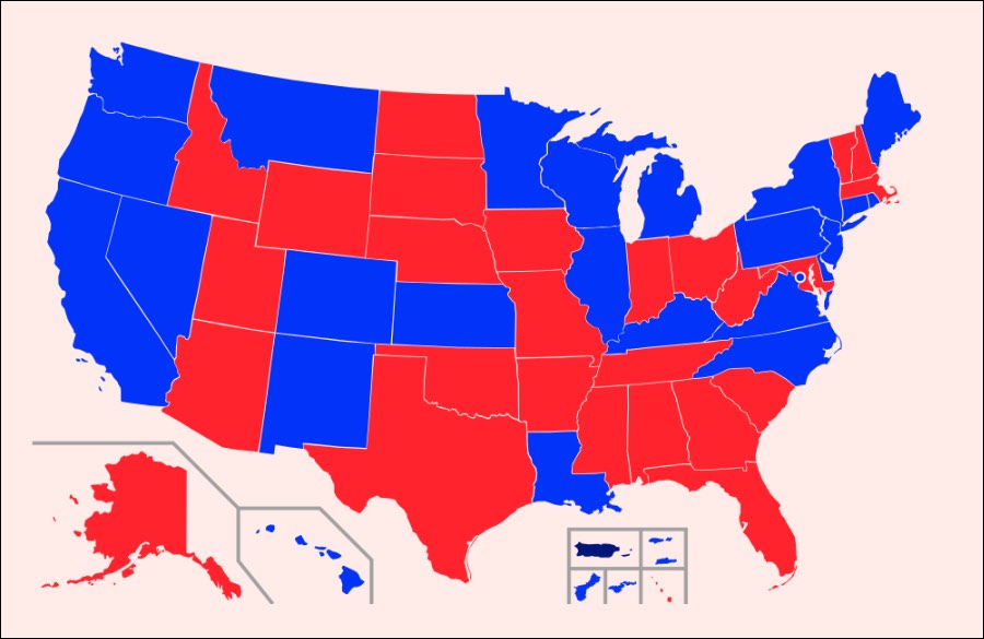 Red states/blue states by their elected governors, per Wikimedia.