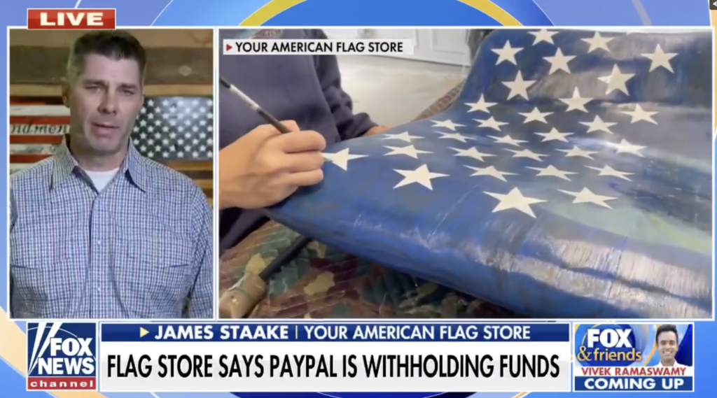 Flag store censored by Facebook for Trump product, battles PayPal Your American Flag Store owner James Staake discusses PayPal withholding thousands of dollars without cause.